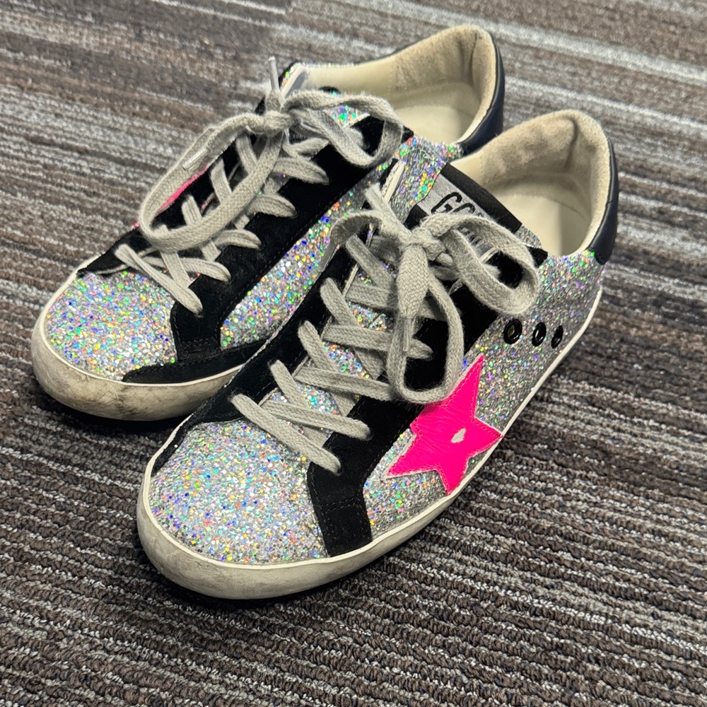 Golden Goose Multicolor Glitter Sneakers with Pink Star